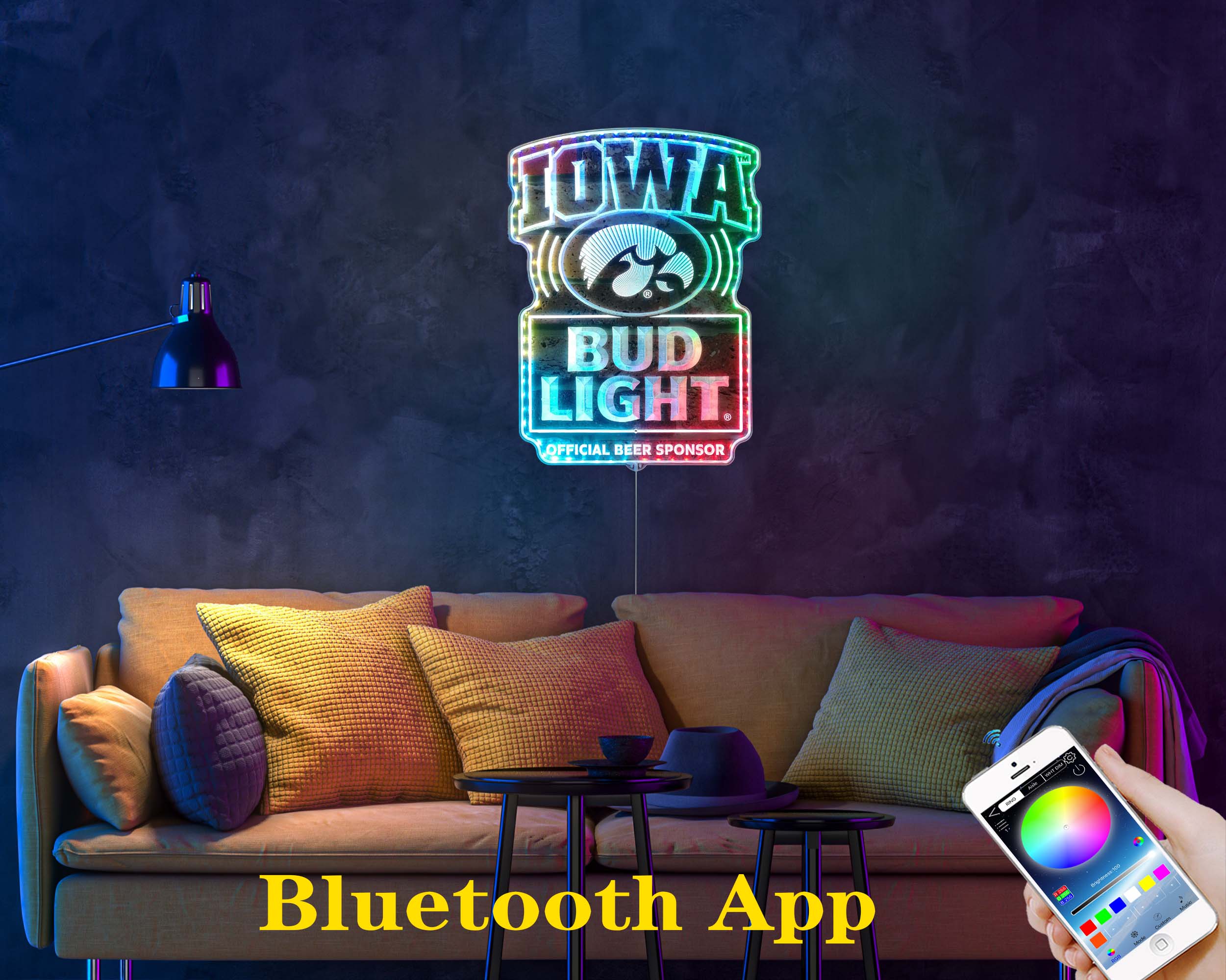 Bud Light & University of Iowa Hawkeyes Neon LED Sign with Dynamic RGB Colors - Image 7