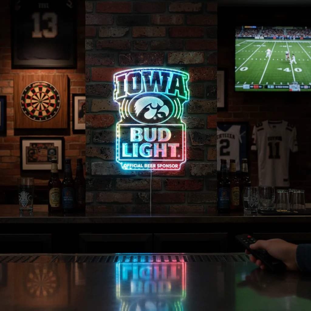 Bud Light & University of Iowa Hawkeyes Neon LED Sign with Dynamic RGB Colors - Image 8