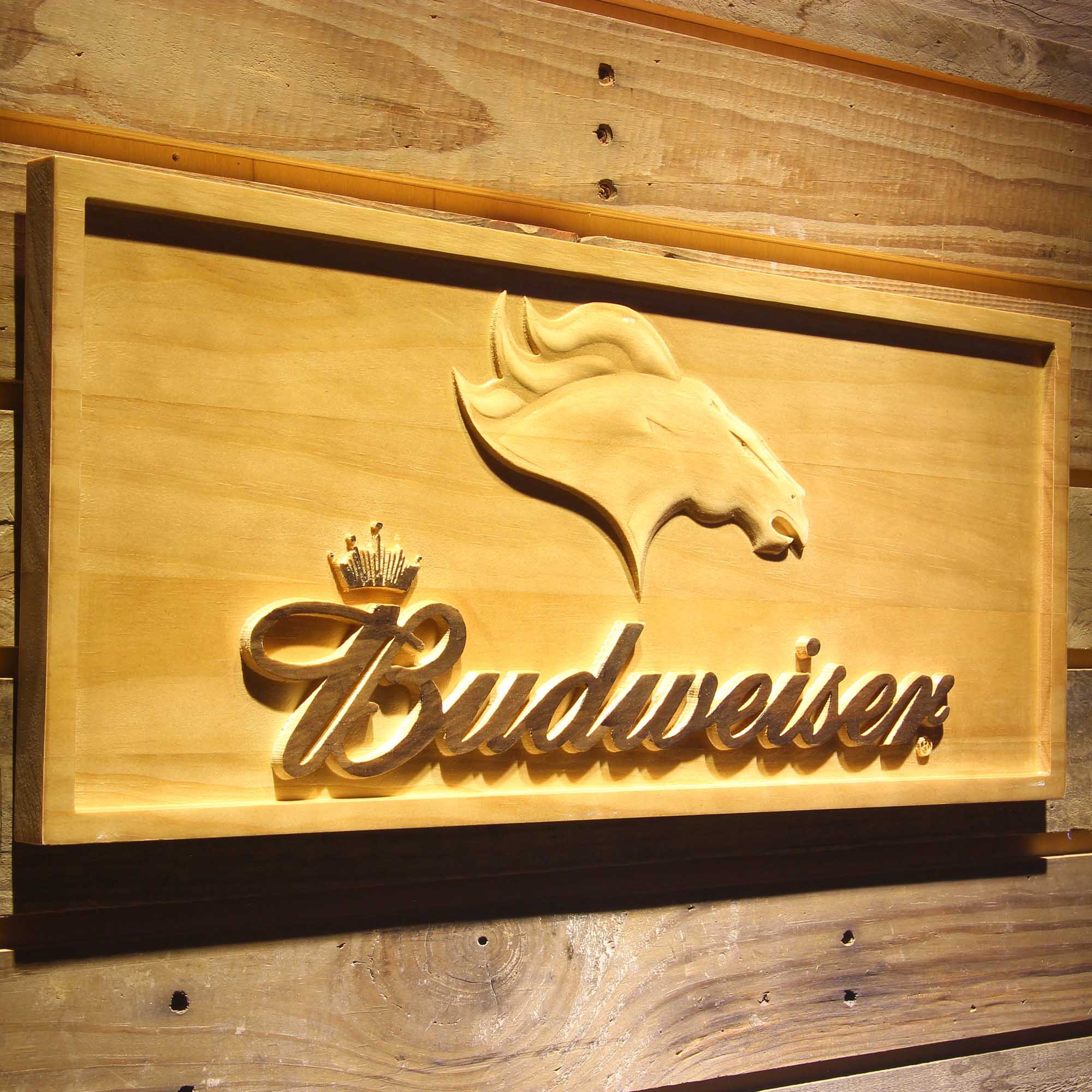 Denver Broncos Budweiser 3D Solid Wooden Craving Sign - Image 2