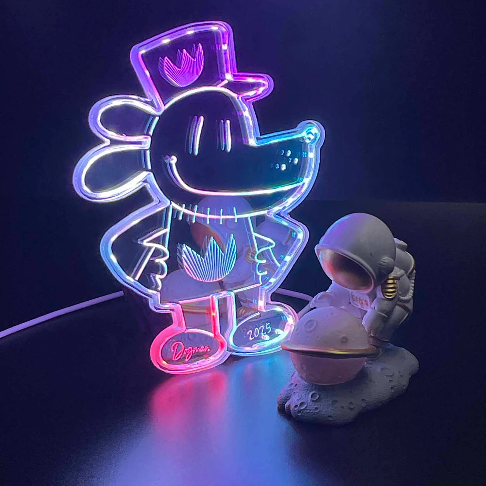 Dog man comic book Neon LED Sign with Dynamic RGB Colors Mirror Backing