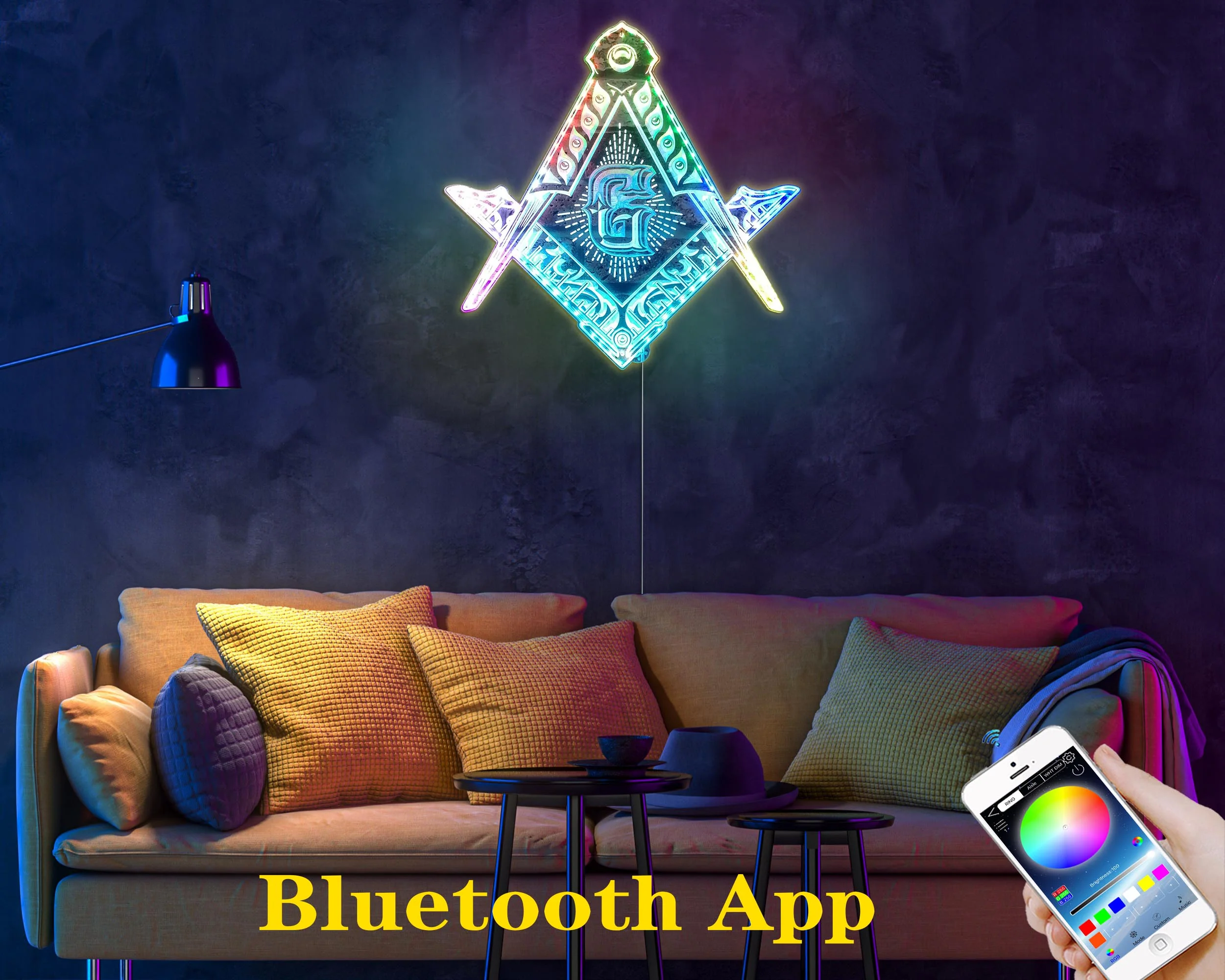 Freemason Logo, masonic Neon LED Sign with Dynamic RGB Colors - Image 7