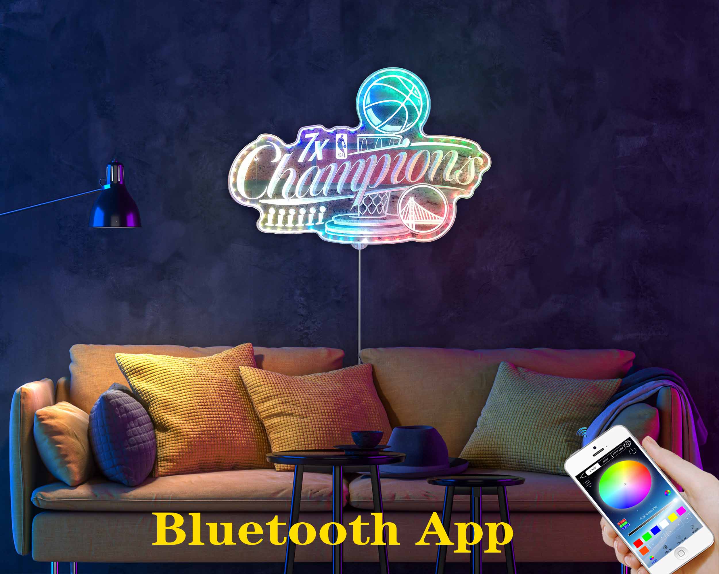 Golden State warriors 7x Champions Neon LED Sign with Dynamic RGB Colors - Image 7