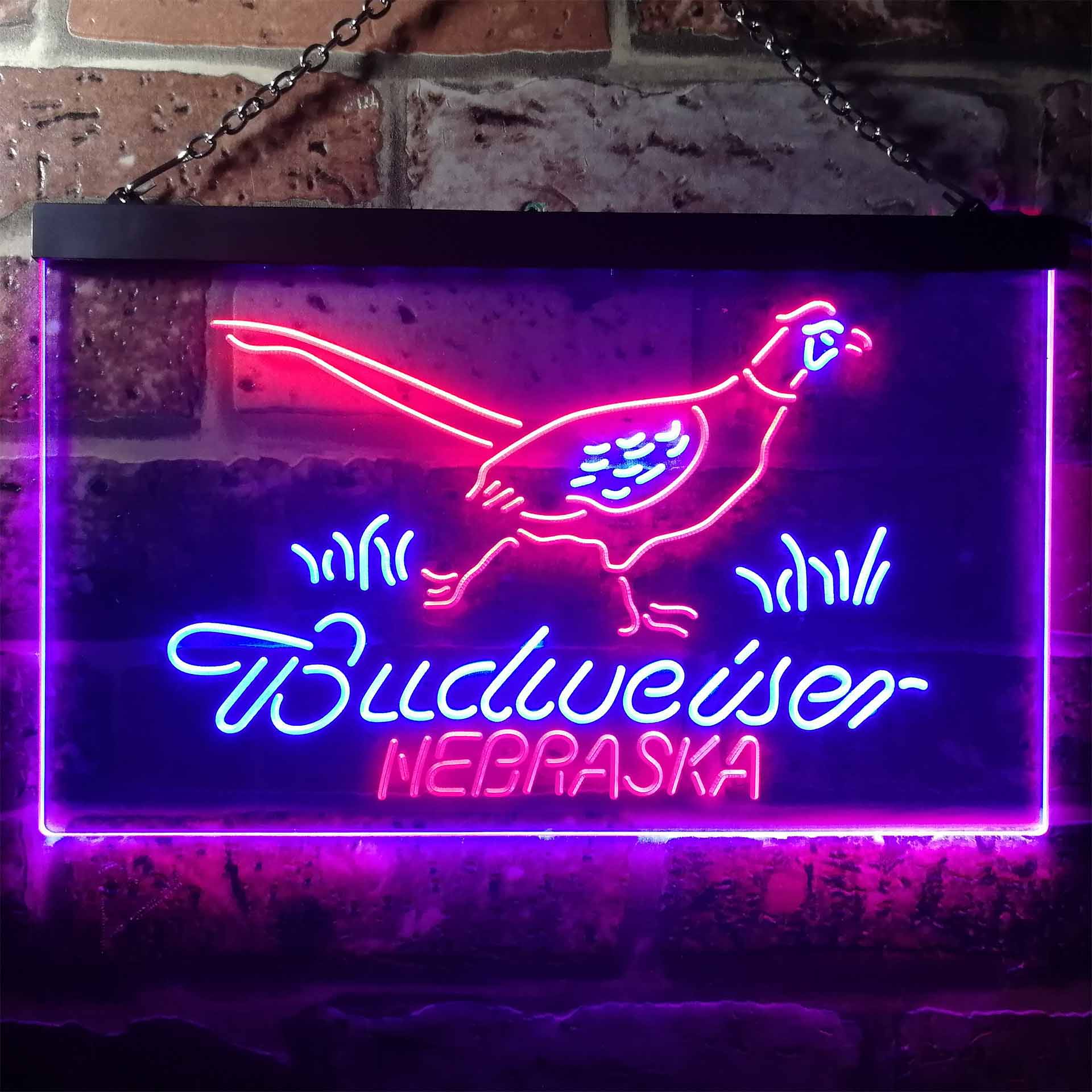 Nebraska Pheasant Hunter Budweiser's Home Bar Neon Light LED Sign